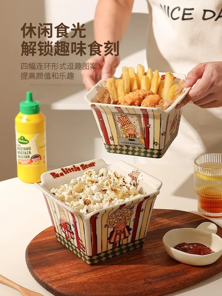 Popcorn , ceramic cute fruit, high-value Internet celebrity instant noodle, French fries children's snack bowl