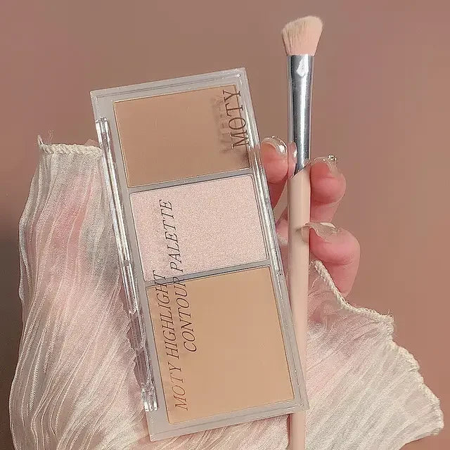 3-Color Bronzer Contouring Palette Face showing off Coffee contour shades, perfect for defining features with our highlighter contouring kit.