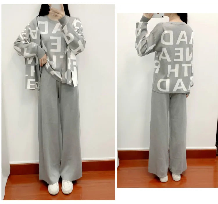 women's Clothing Autumn Winter Women Knited Letter Sweater + Pants + Cape Scarf 3PCS Suits Cappa Wraps Wide Leg Trousers Sets