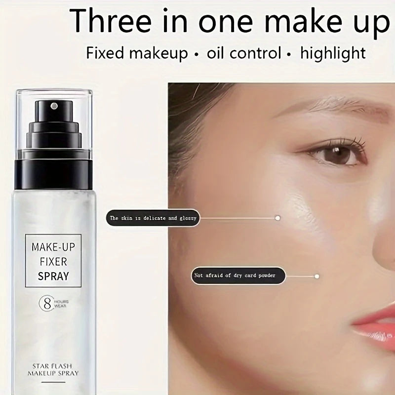 Application of 100ml Star Flash Quicksand Makeup Setting Spray on skin, ensuring full coverage and protection as a reliable waterproof makeup setting spray.