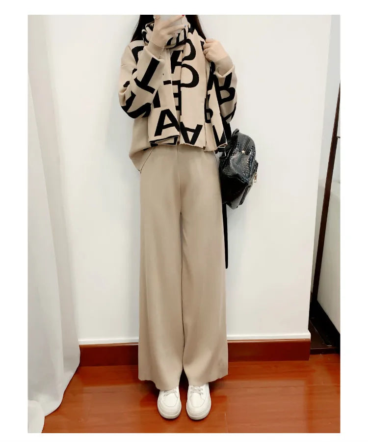 women's Clothing Autumn Winter Women Knited Letter Sweater + Pants + Cape Scarf 3PCS Suits Cappa Wraps Wide Leg Trousers Sets