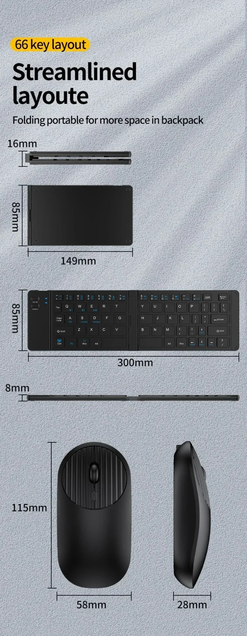 Folding Keyboard and Mouse 2.4G Mini Keypad Bluetooth Wireless Portable Silm Foldable Keyboards