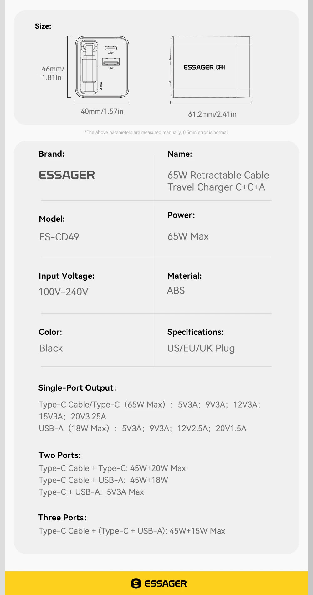 Essager 65W GaN Charger with Retractable Cable PD Fast Charging for Laptop Macbook iPhone 16 15 14 Xiaomi Type-C Phone Charger