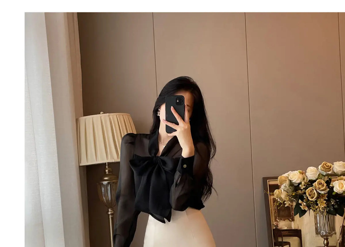 Women Clothing Temperament Chiffon Bow Lacing Thin Shirt Tops Spring Summer New Long Sleeve Solid Elegant Blouse Sexy Fashion