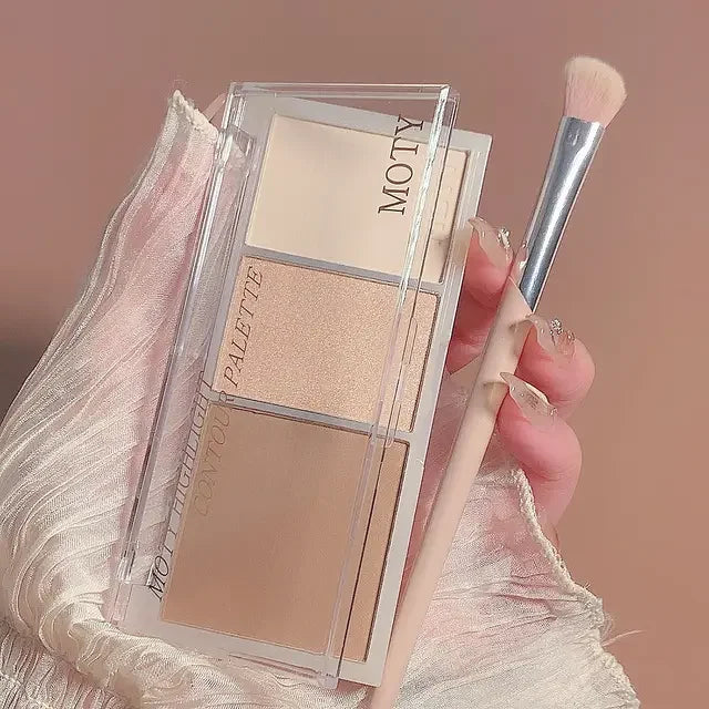 In-depth view of the 3-Color Bronzer Contouring Palette, showcasing shades ideal for highlighting and contouring in our highlighter contouring kit.