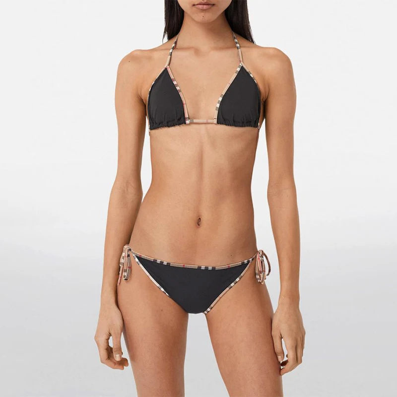 Designer Check Print Bikini Set