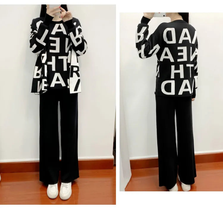 women's Clothing Autumn Winter Women Knited Letter Sweater + Pants + Cape Scarf 3PCS Suits Cappa Wraps Wide Leg Trousers Sets
