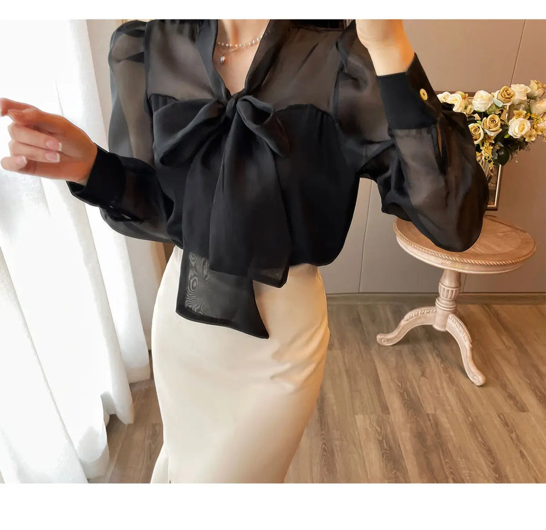 Women Clothing Temperament Chiffon Bow Lacing Thin Shirt Tops Spring Summer New Long Sleeve Solid Elegant Blouse Sexy Fashion