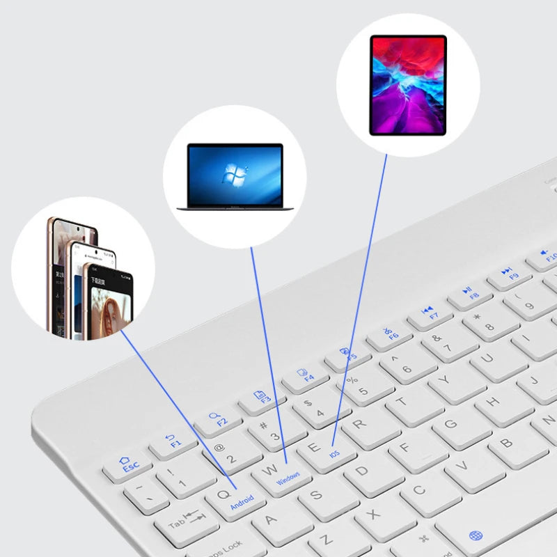 White Bluetooth keyboard for iPad 2024 showcasing multi-device connectivity options, by Orbit Gear.