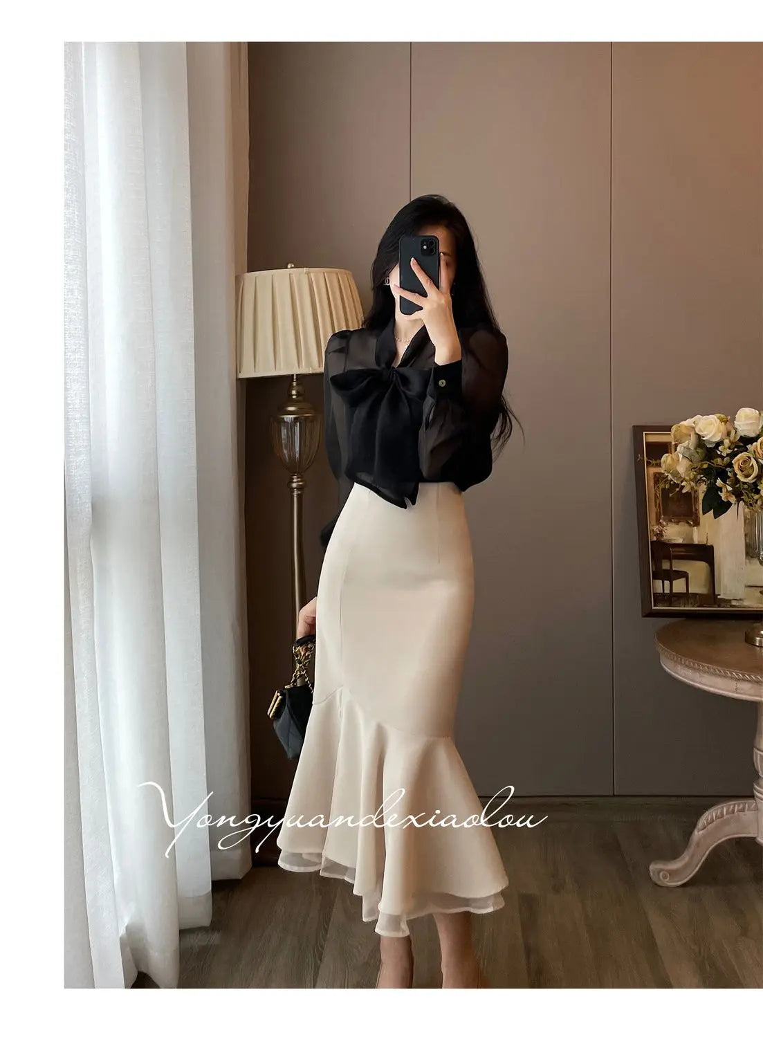 Women Clothing Temperament Chiffon Bow Lacing Thin Shirt Tops Spring Summer New Long Sleeve Solid Elegant Blouse Sexy Fashion