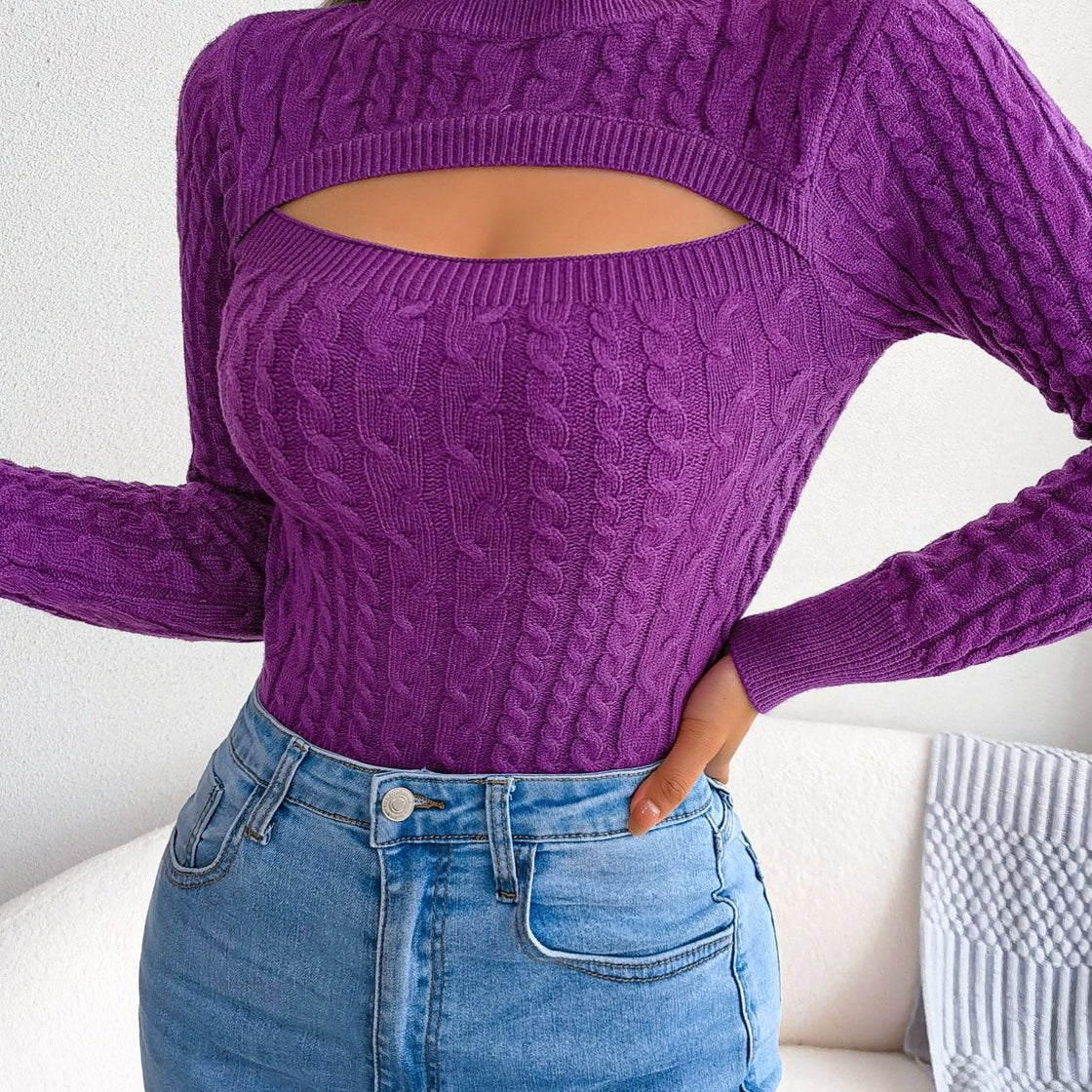 Long Sleeve High Stretch Acrylic Blend Women's Sexy Hollow-Out Knit Pullover Sweater, Skinny Fit, Solid Color, Spring/Fall Fashion Top, Crew Neck,
