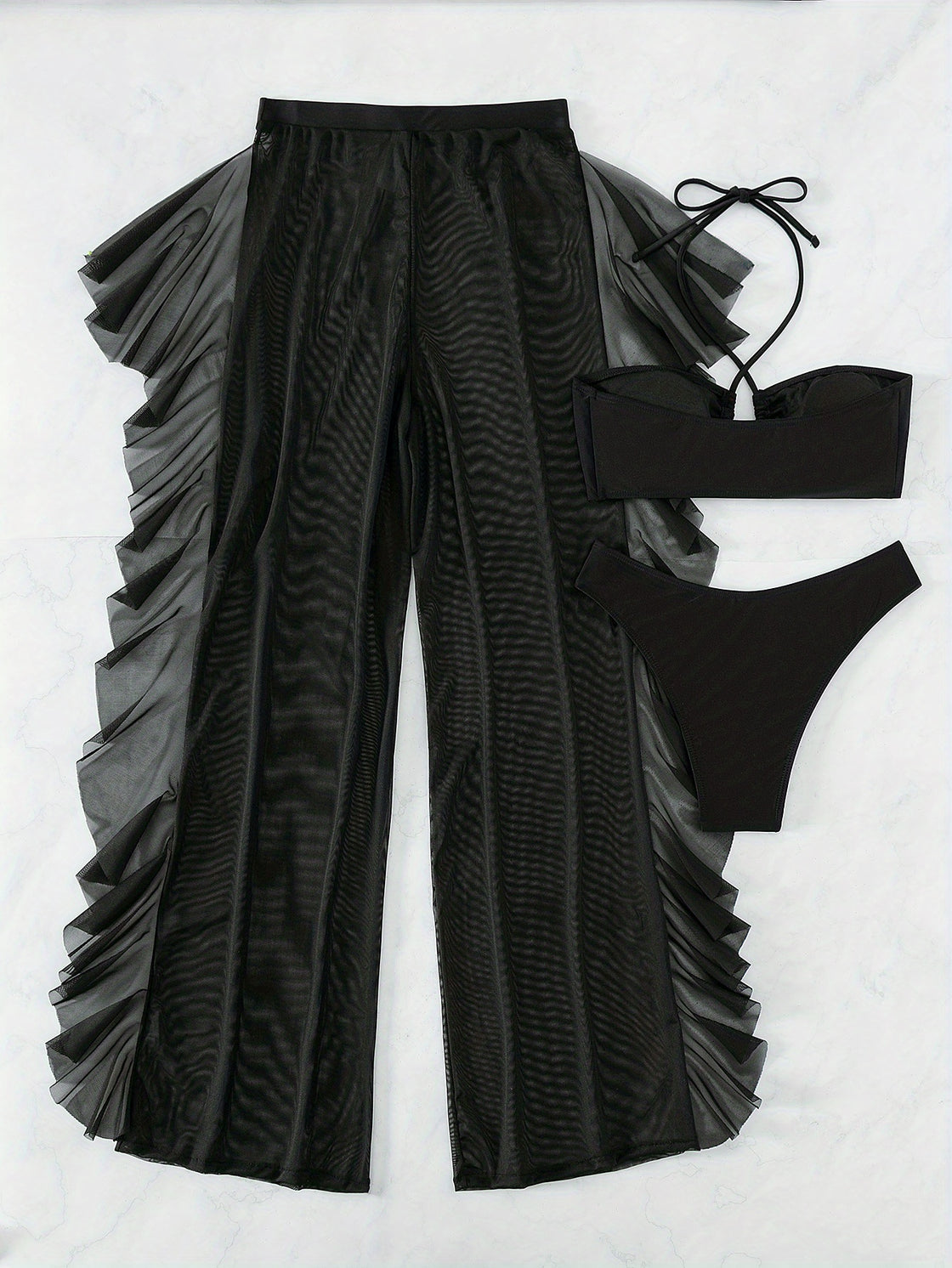 Black Ruched Mesh Crisscross Bikini Set