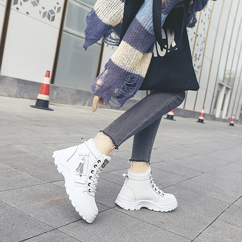 Warm Fleece-Lined Women's Winter High-Top Boots - Thick Rubber Sole, Lace-Up Casual Style, White & Beige, Perfect for Cold Weather Comfort