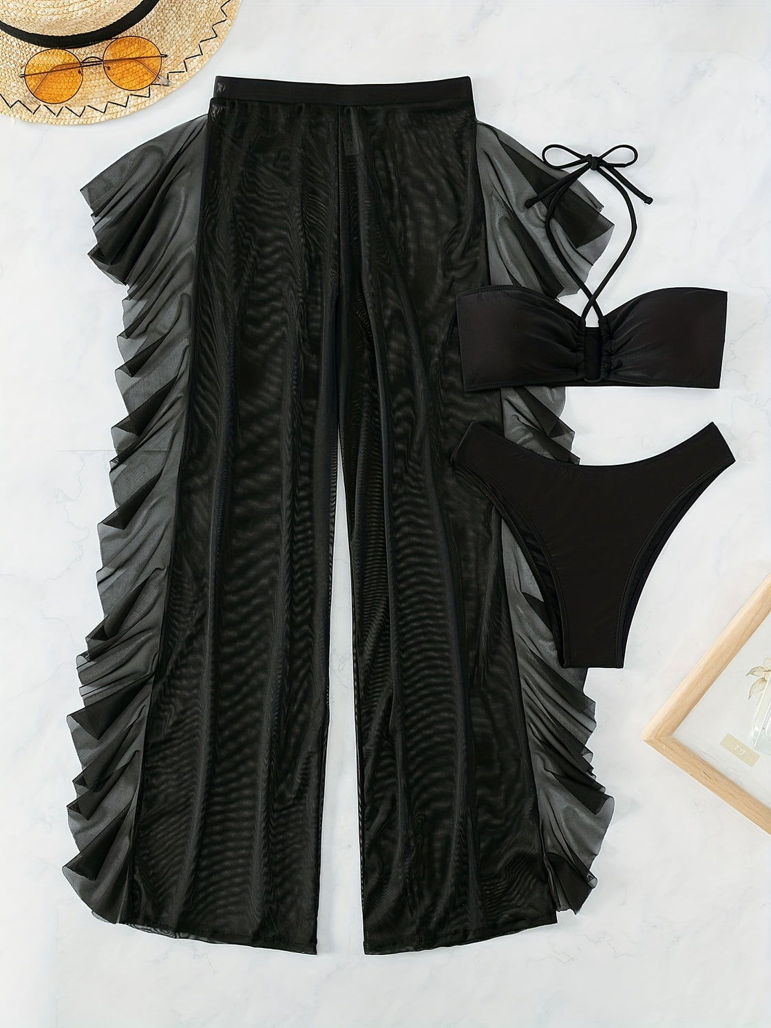 Black Ruched Mesh Crisscross Bikini Set