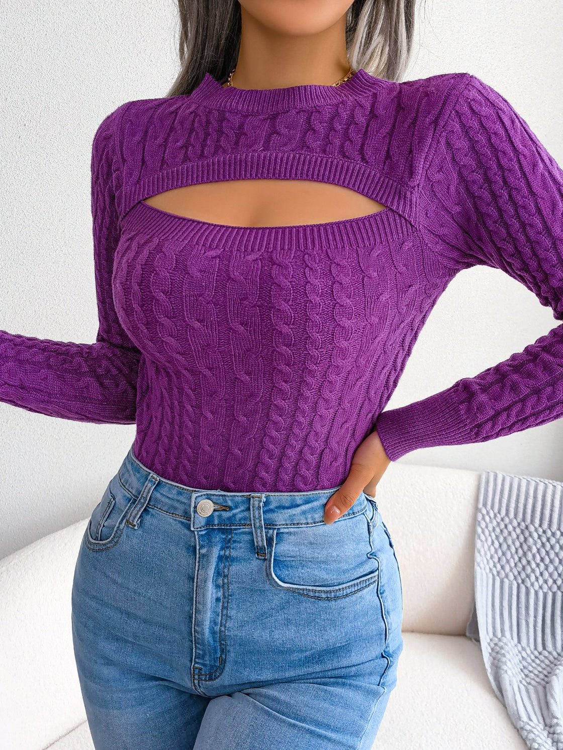 Long Sleeve High Stretch Acrylic Blend Women's Sexy Hollow-Out Knit Pullover Sweater, Skinny Fit, Solid Color, Spring/Fall Fashion Top, Crew Neck,