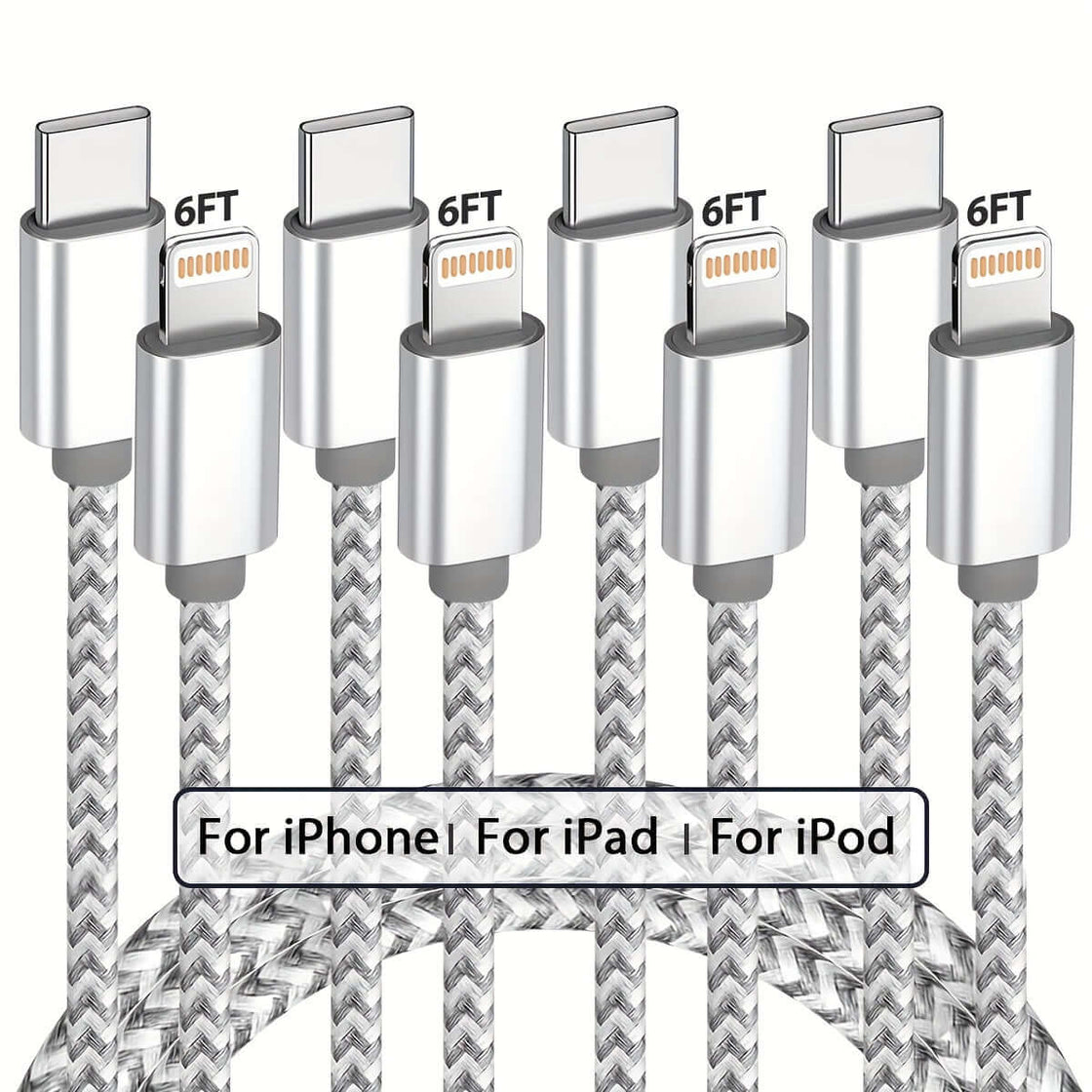 USB-C to Lightning Cable 1/2/3/4-Pack, 6ft Nylon Braided C-Type Fast Charging Cable for iPhone Charger, Compatible with iPhone 14/13/12/11 Pro Max.