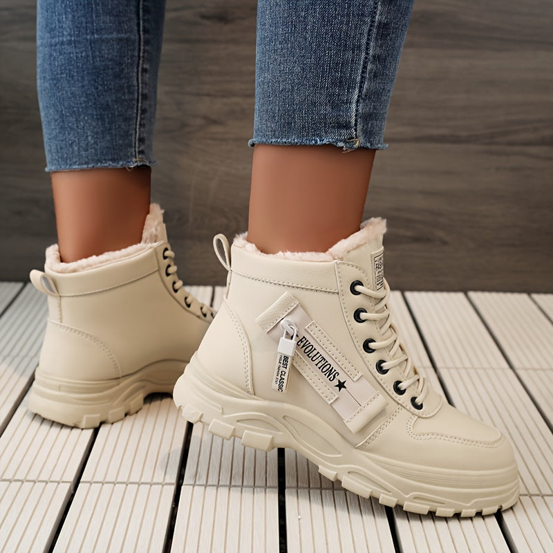 Warm Fleece-Lined Women's Winter High-Top Boots - Thick Rubber Sole, Lace-Up Casual Style, White & Beige, Perfect for Cold Weather Comfort