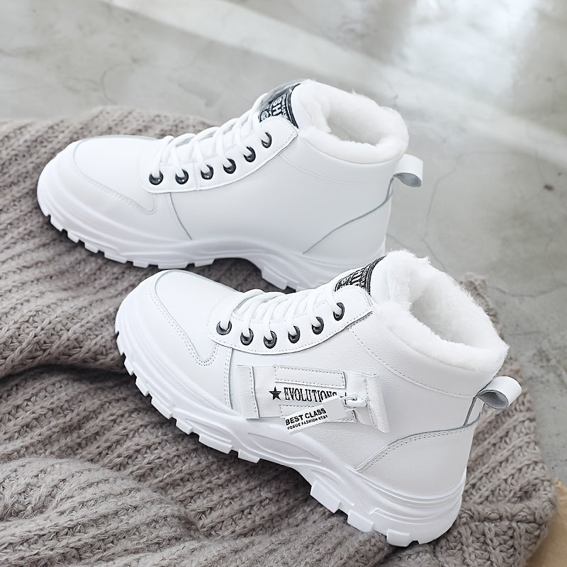 Warm Fleece-Lined Women's Winter High-Top Boots - Thick Rubber Sole, Lace-Up Casual Style, White & Beige, Perfect for Cold Weather Comfort