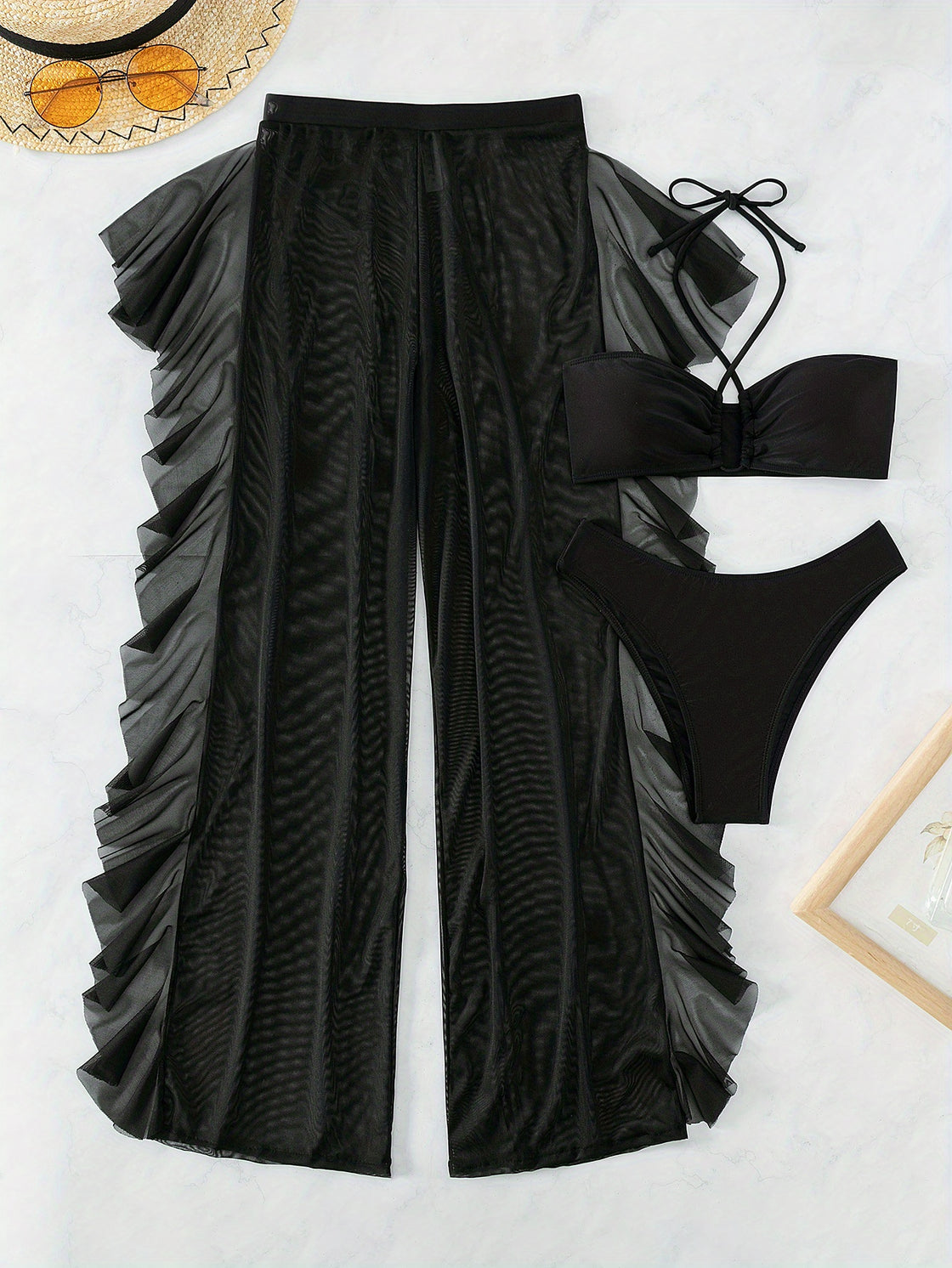 Black Ruched Mesh Crisscross Bikini Set