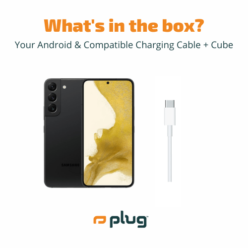 Samsung Galaxy S23 Ultra 1TB unlocked phone in black with charging cable and cube adapter included